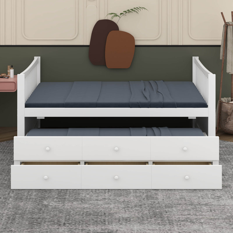 Lit de jour double avec lit gigogne simple et 3 tiroirs de rangement, lit capitaine en bois, lit plateforme en bois, Blanc