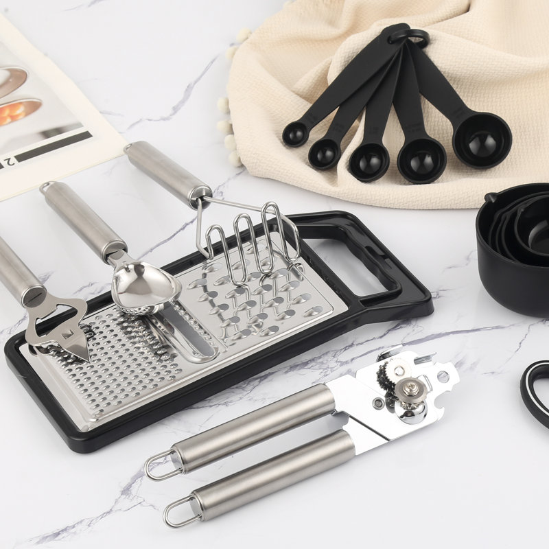 Ensemble d'ustensiles de cuisine 44 pièces en silicone avec support, spatule antiadhésive résistante à la chaleur et outils pour gadgets avec poignées en bois, noir