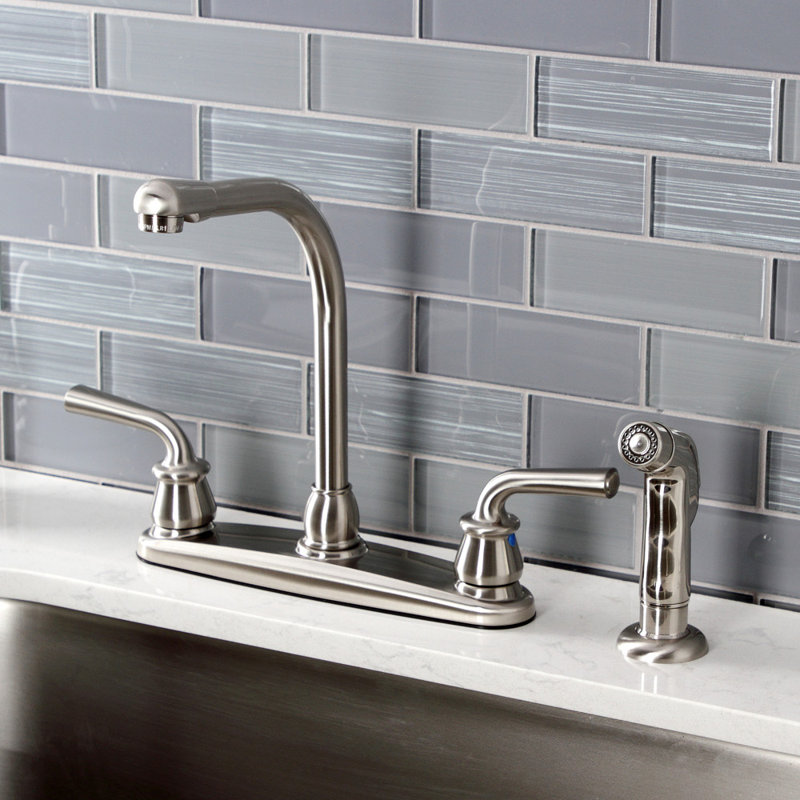 Kingston Brass Restoration Two-Handle 8" Centerset Kitchen Faucet, With Side Spray, Brushed Nickel