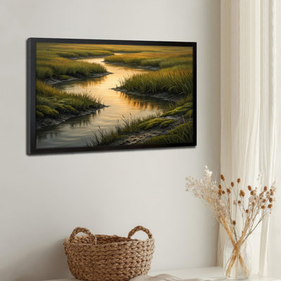 Art mural encadré en bois noir pour salon, chambre à coucher, bureau ou vestibule - décoration murale décorative avec ruisseau doré
