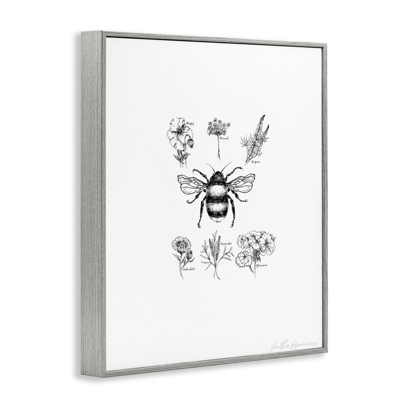 Abeille botanique et tableau floral, estampe numérique, conception de Heather Desormeaux, H 14 po x l 11 po, Gris