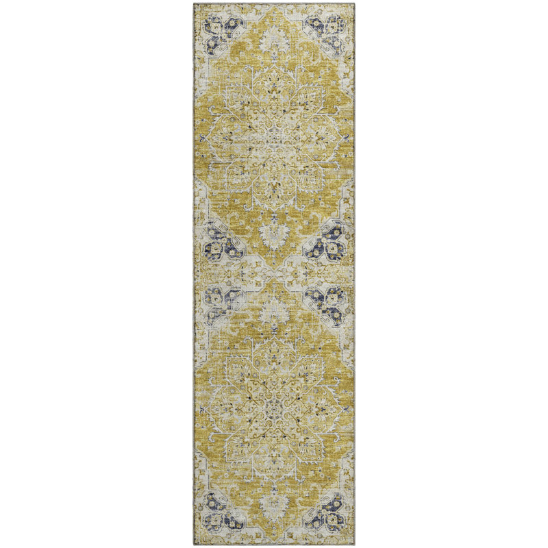 Premium Machine Washable Barayon AMF93 Yellow Rug, Runner 2'3" x 7'6"