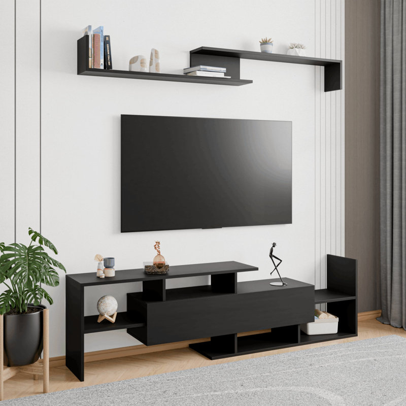 Alvaro 60.2'' 2 Pc 1-Drawer Floating TV Stand Media Console with Open Shelves, Black