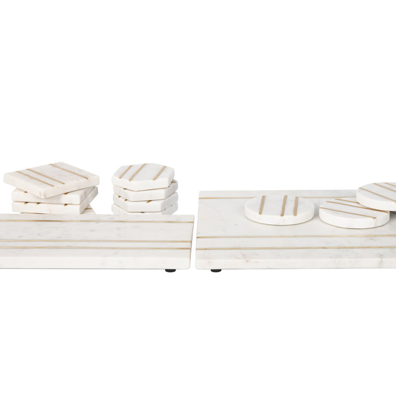 White Marble and Gold Inlay Round Coaster Set