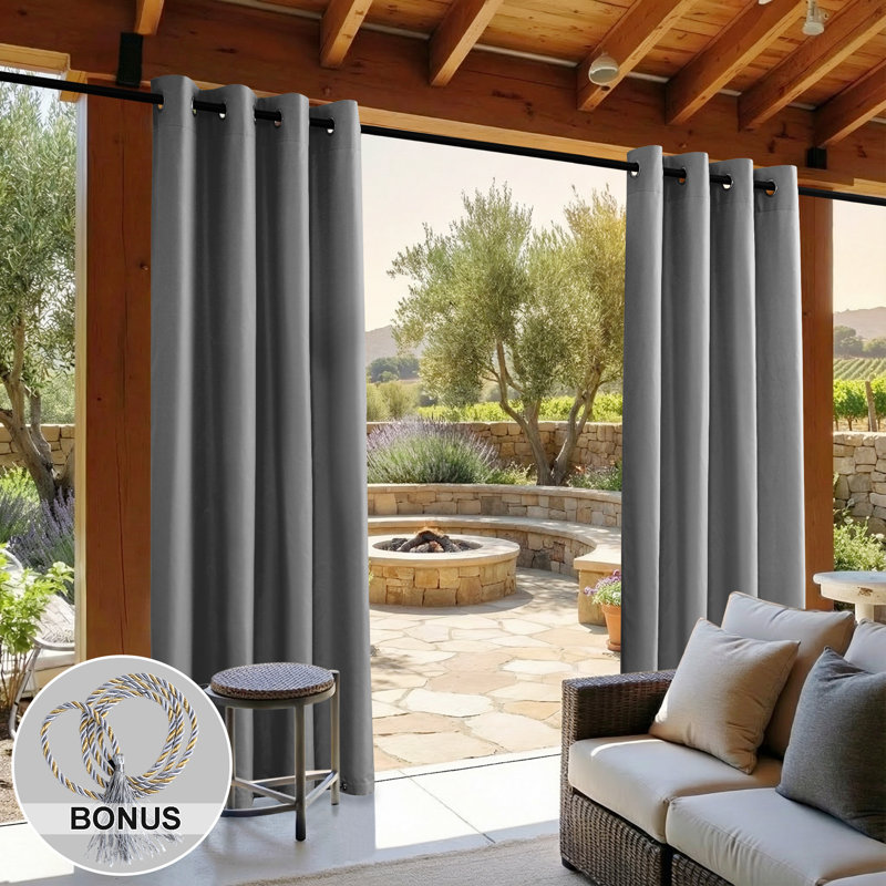 Abba Gray 52" W x 108" L Waterproof Grommet Top and Bottom Black Out Pergola Outdoor Single Curtain Panel, 52" W x 108" L