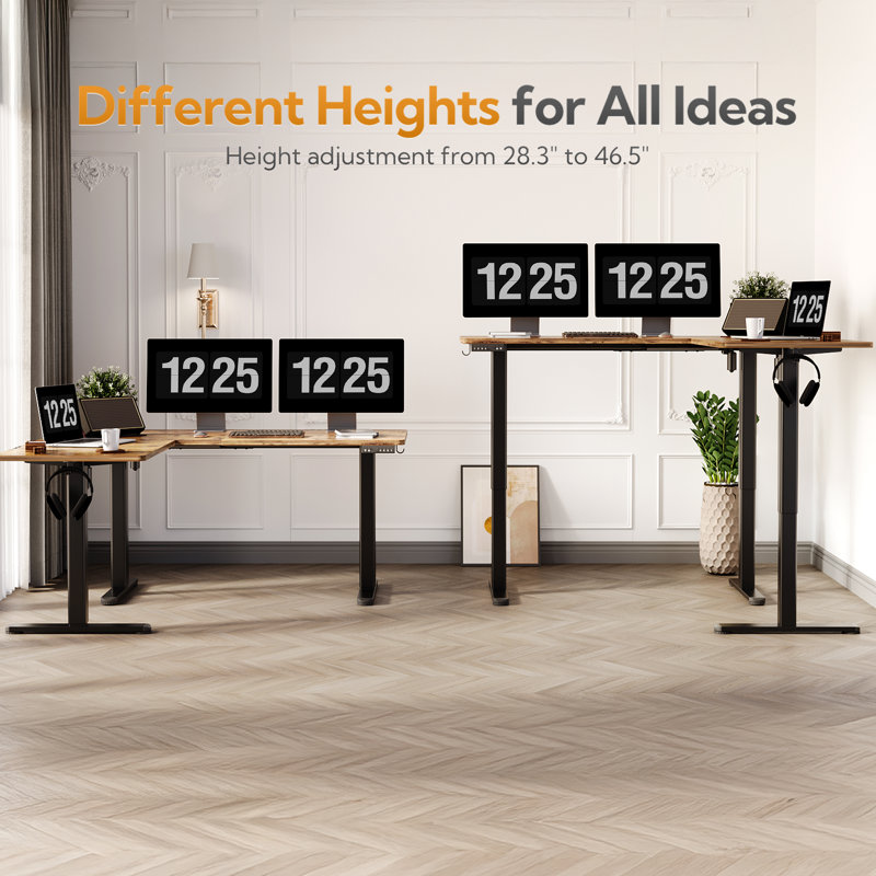 Schlater 63'' L-Shaped Height Adjustable Standing Desk, Black, Brown