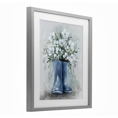 Botanical Bouquet in Blue Boots Framed Print Under Glass, design by Kristen Brockmon