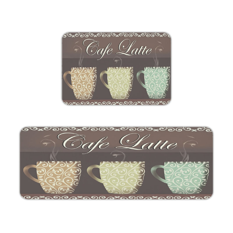 Vintage Scroll Cafe Coffee Cup Home Decor 2 PC Kitchen Rugs Brown