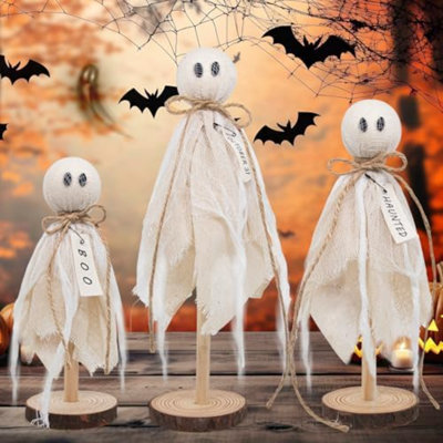 Décorations d'Halloween en bois fantôme d'intérieur - ensemble de 3 chaises de style rustique avec figurines fantômes en tissu - Décoration de table d'Halloween pour plateau à plusieurs niveaux, manteau de cheminée, articles de fête d'Halloween (blanc)