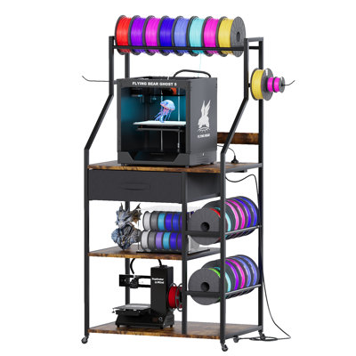 4-Tier 3D Printer Stand with Filament Storage, 3D Printer Rack with Drawer and Outlet, Heavy Duty Metal Frame 3D Printer Table with Locking Wheel for Home Office Studio Garage (Brown)