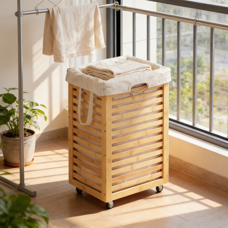 Panier à linge roulant avec sac amovible et roulettes verrouillables, panier à linge en bambou avec poignées pour un transport facile dans la chambre à coucher, la salle de bain ou la salle de lavage