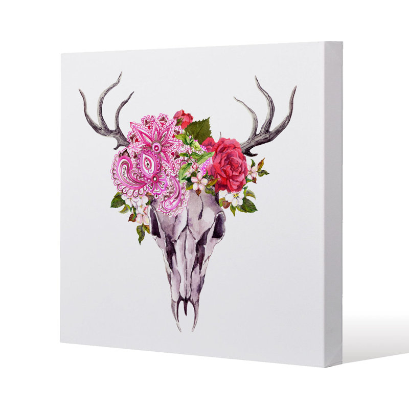 Deer animal skull with flowers and feathers Slim Style Canvas Print, 15mm Slim Real wood., 60 cm H x 60 cm W