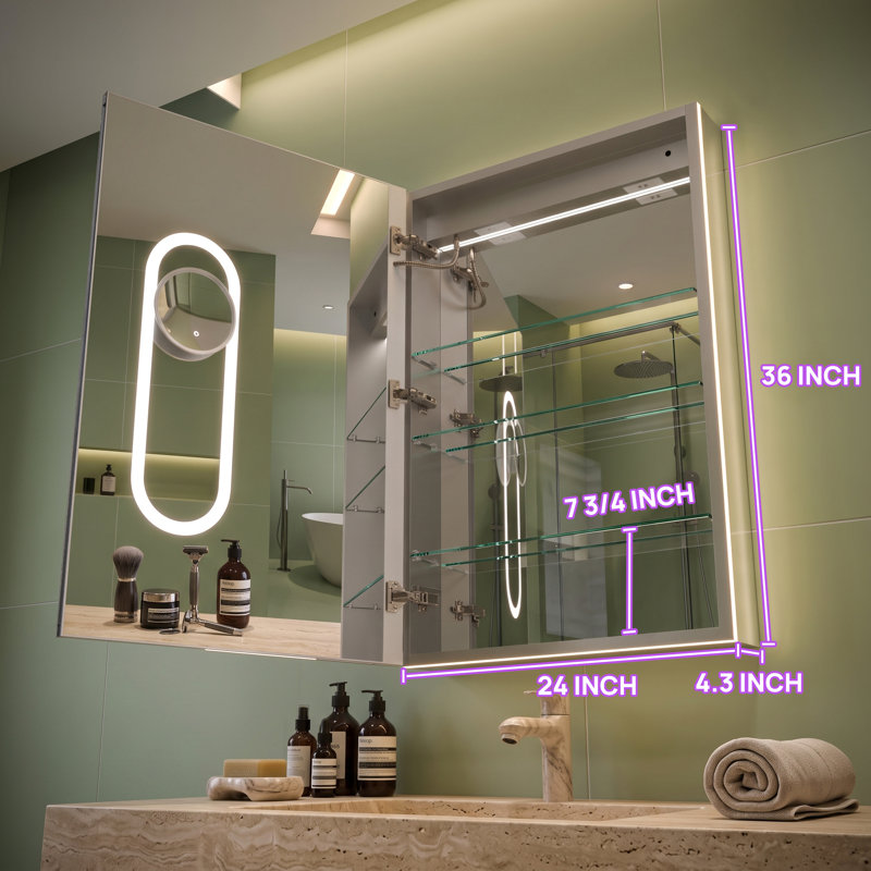 Armoire à pharmacie DEL 24 po L x 36 po H avec miroir, loupe 5x, éclairage avant et arrière, intensité variable, antibuée, prise GFCI, charnière à gauche