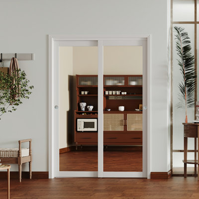 Sliding Mirror Closet Doors White MDF Full Length Mirror Panel Closet Door with Built-In Handles & Smooth Glide Hardware