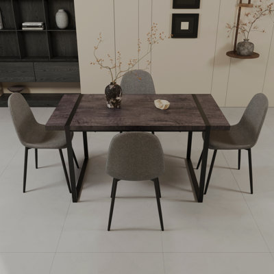 55" Mdf Dark Wood Dining Table And Modern Dining Chair Set Of 4 Pieces, Medieval Wooden Kitchen Dining Table Set, Black Rectangular Metal Base, Dining