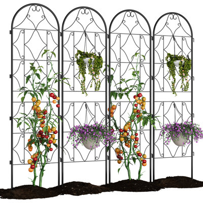 4PCS Tall Black Metal Garden Trellis Fence - 75" Rustproof Decorative Panel for Climbing Plants, Vegetables, Flowers - Outdoor Privacy Screen