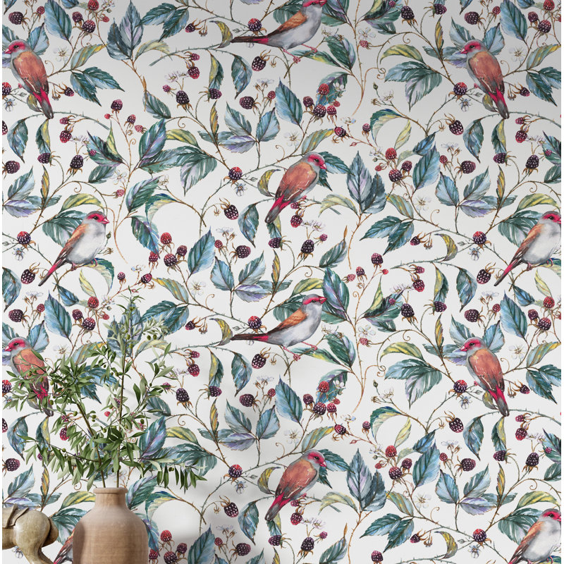 Papier peint baies sauvages et oiseaux, l 24 po x L 50 po