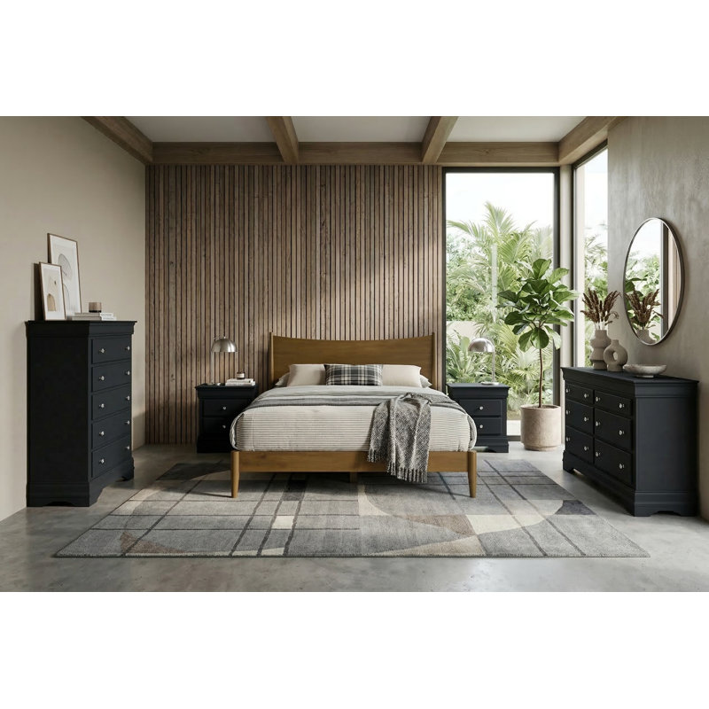 Barvelle Solid Wood 5 Piece Bedroom Set, Brown/Black, 5 Pcs: Bed, 2 Dressers, 2 Nightstands