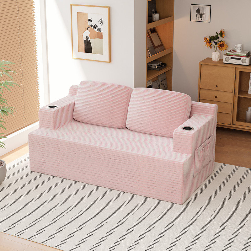Canapé en mousse Boneless avec porte-gobelets et coussins décoratifs, H 28,35 po x l 66,93 po x P 35,43 po, Beige