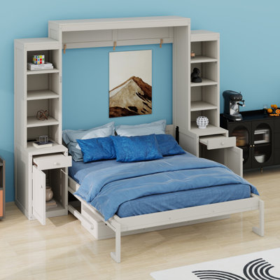 Lit escamotable avec bureau, armoires et tiroirs de rangement, lit escamotable en bois avec tablettes, convertible en armoire