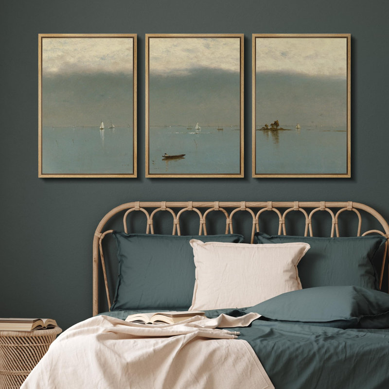 Sailboat " Peaceful Lake Scenery Sailboat Nature Landscape Illustrations Modern Art Decor Rustic " 3 - Pieces, Naturel