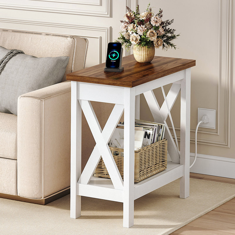 Table de bout étroite avec station de charge et tablettes ouvertes