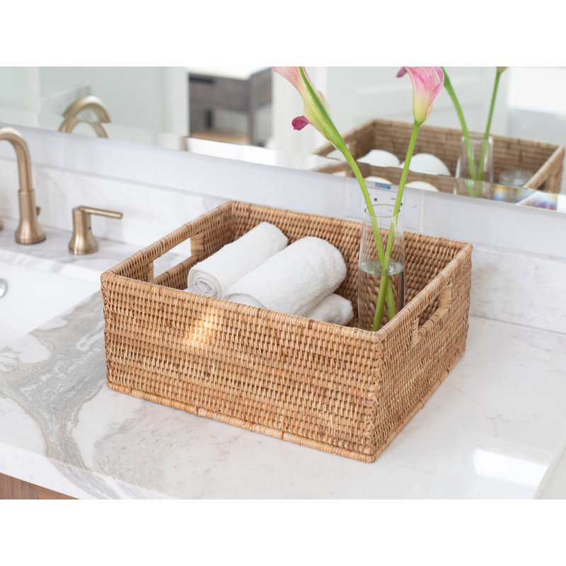Honey Brown Rectangular Rattan Storage Basket with Cutout Handles
