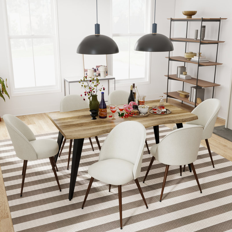 Modern 7-Piece Dining Set With 63" Wavy Edge Wood Table For 6–8 People, Tan, Beige