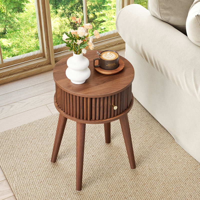 Round End Table with Solid Wood Legs, Walnut