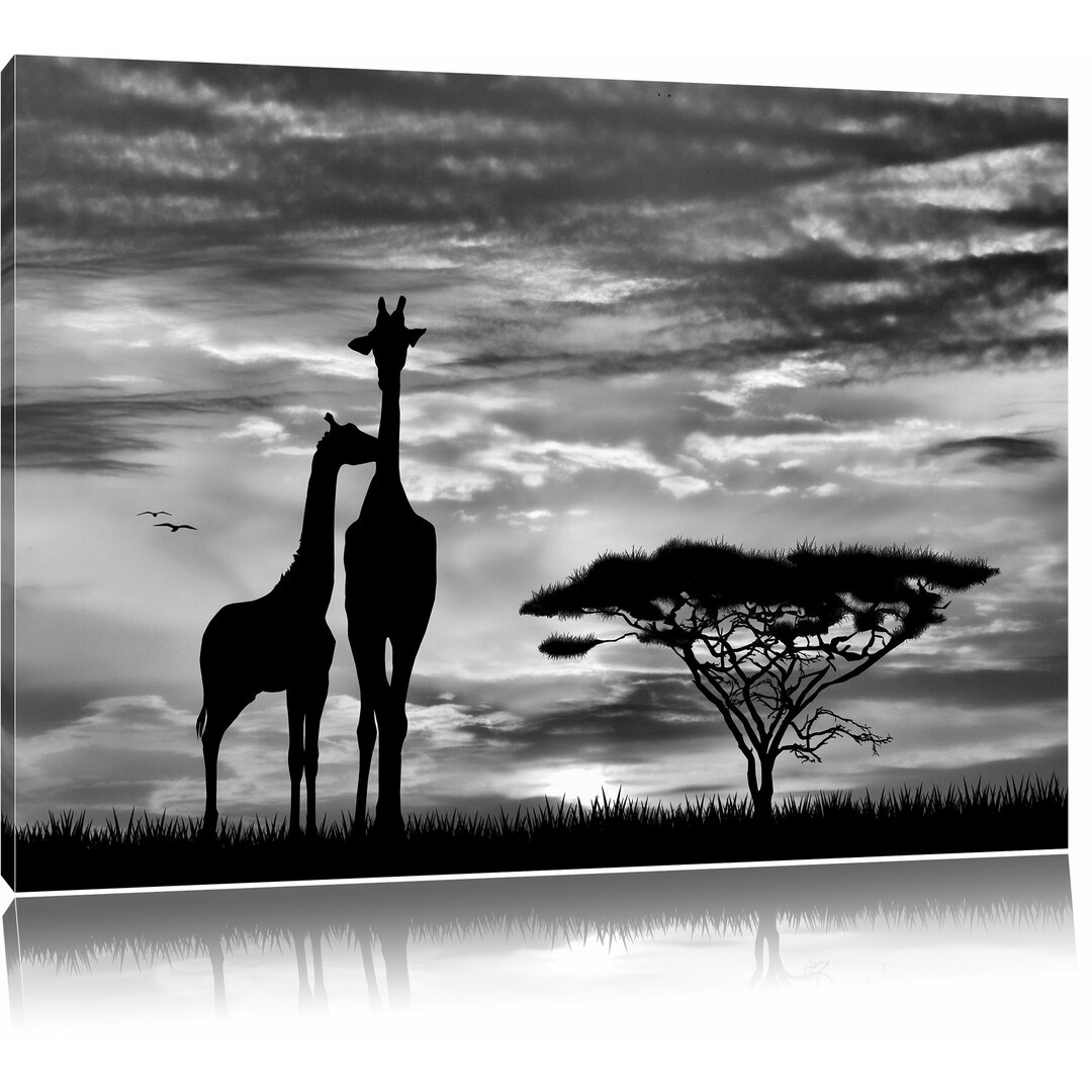 Leinwandbild Giraffen im Sonnenuntergang in Monochrom