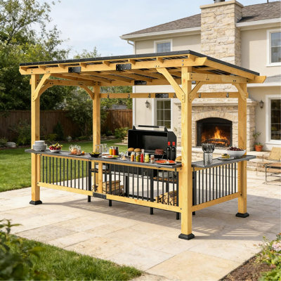 Pavillon de jardin extérieur à toit rigide, pavillon de barbecue en bois