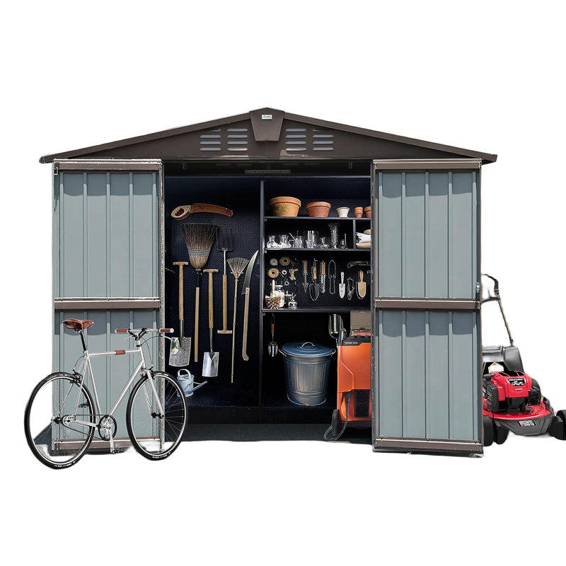 Compartiment de rangement extérieur 8,2 pi x 6,2 pi - Acier métallique pour jardin à gazon Portes et évents doubles verrouillables