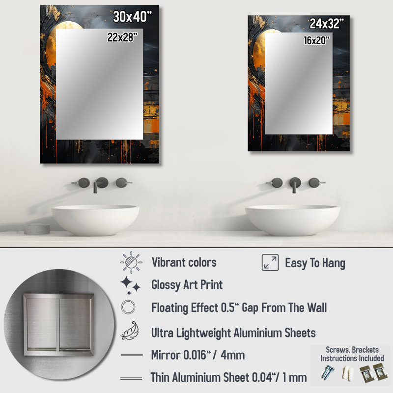 Marbre noir et orange lune II - miroir de formes, miroir mural décoratif orange, impression d'art en métal, 40 po x 30 po