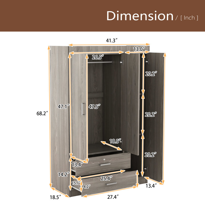 Armoire 3 portes avec 2 tiroirs, Gris