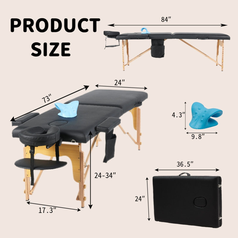 Table de massage pliante avec spa réglable et masseur pour le cou, Noir