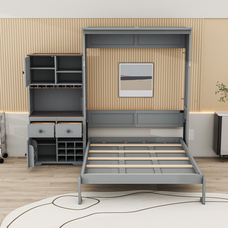 Grand lit escamotable avec éclairage intégré et tiroirs, tablettes, Gris
