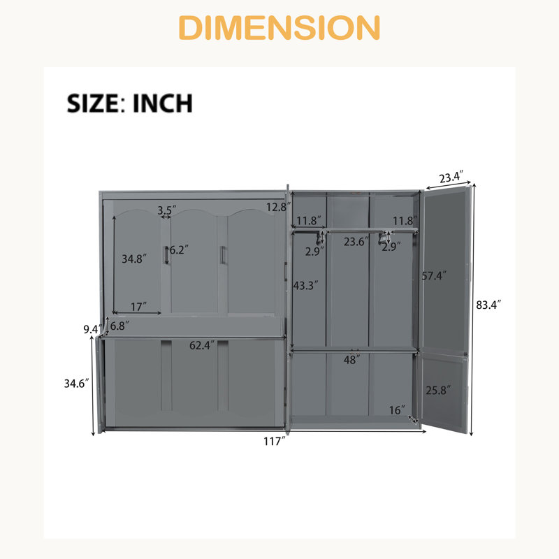 Grand lit escamotable mural avec placard, Gris