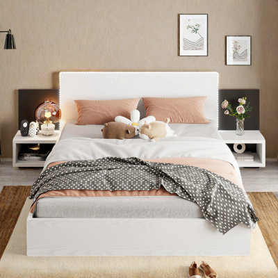 Wooden Floating Platform Bed With Led Lights And Built-in Nightstands
