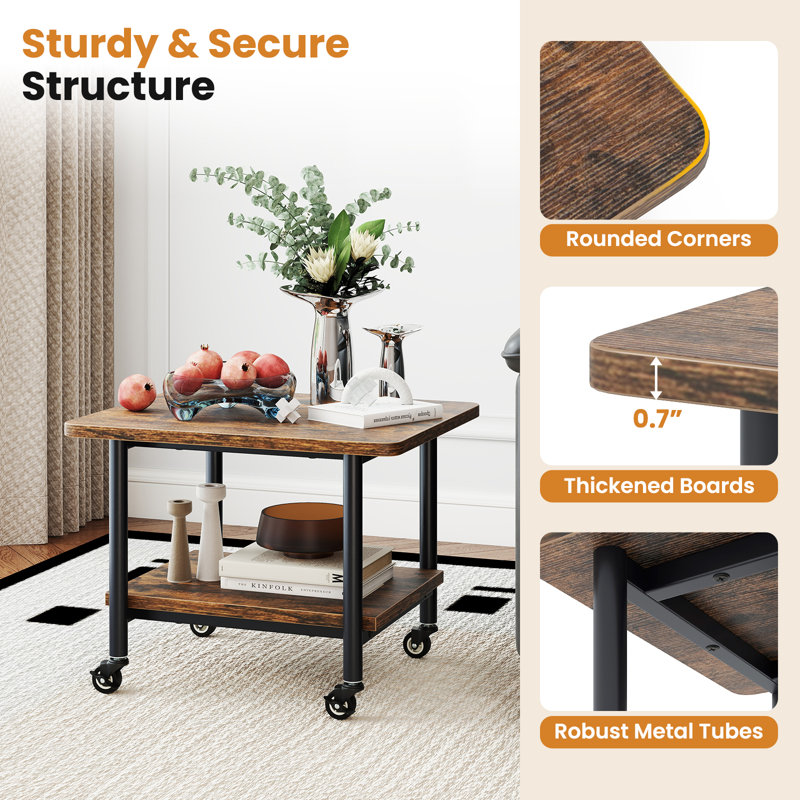 Brown 2-Tier Rolling Under Desk Printer Stand with Storage Shelves