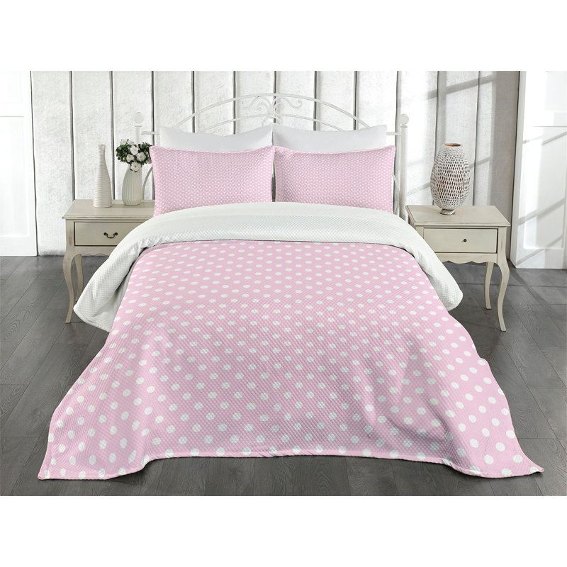 Pink and White Polka Dot Quilted Queen Bedspread Set