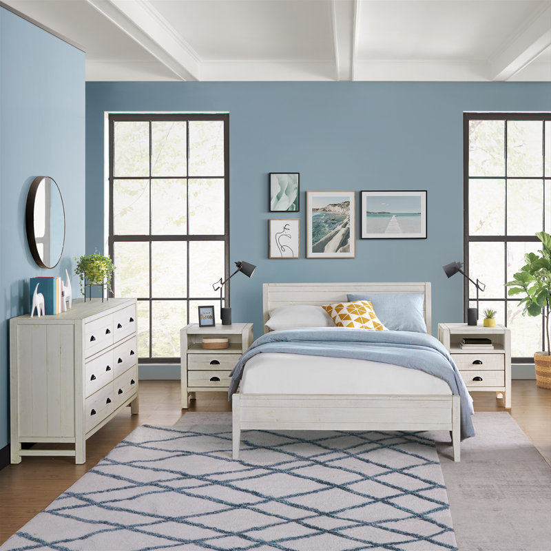 Ensemble de chambre à coucher 4 pièces Windsor avec lit simple à lattes et commode 6 tiroirs Windsor, Blanc, Complète