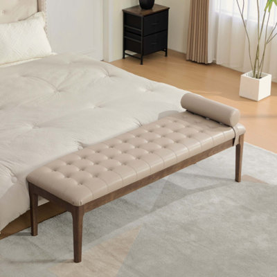 Banc de bout de lit rembourré avec appui-tête, banc de fenêtre d'appoint capitonné, pieds en bois d'hévéa foncé, banc en cuir nano, repose-pieds pour le salon de la chambre à coucher, vestibule, entrée, couloir