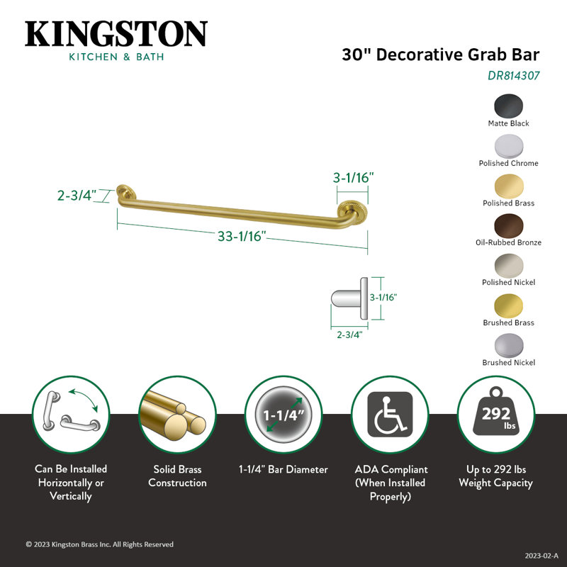 Kingston Brass Laurel 1-1/4 Inch O.D Grab Bar, 30" W, Brushed Nickel
