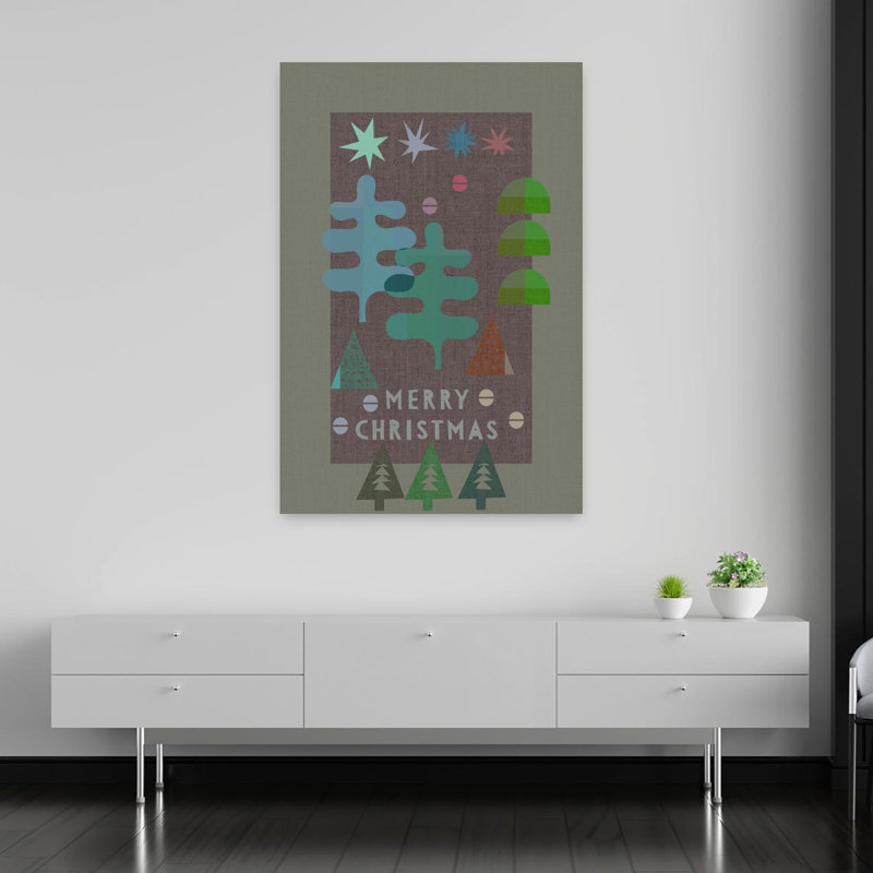 Merry Mid-Century Christmas Abstract Geometric Modern Christmas Tree Winter Landscape Wall Art Print, 60" H x 40" W