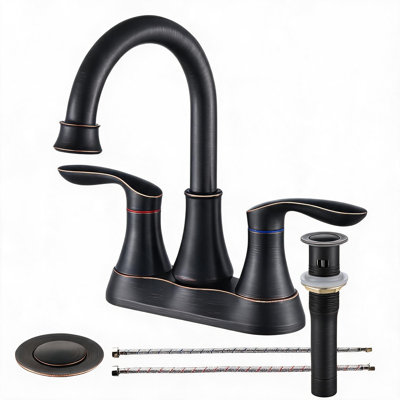 Robinet de salle de bain 4 pouces à deux poignées en bronze huilé avec bonde escamotable et tuyaux d'alimentation