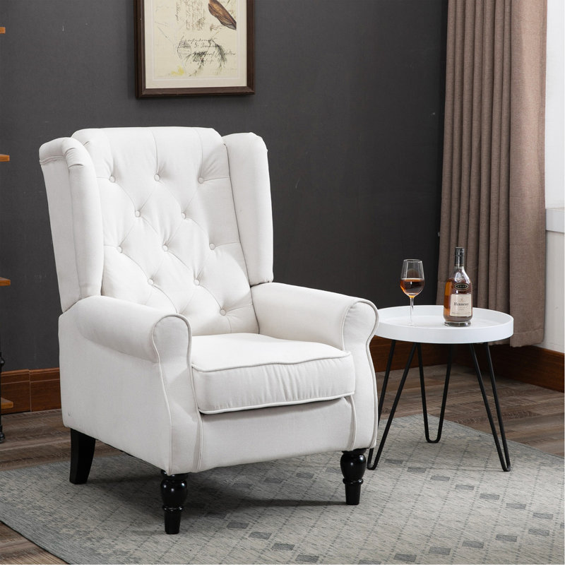 Fauteuil d'appoint capitonné à boutons avec haut dossier à oreilles, accoudoirs rembourrés arrondis et siège rembourré épais, blanc crème