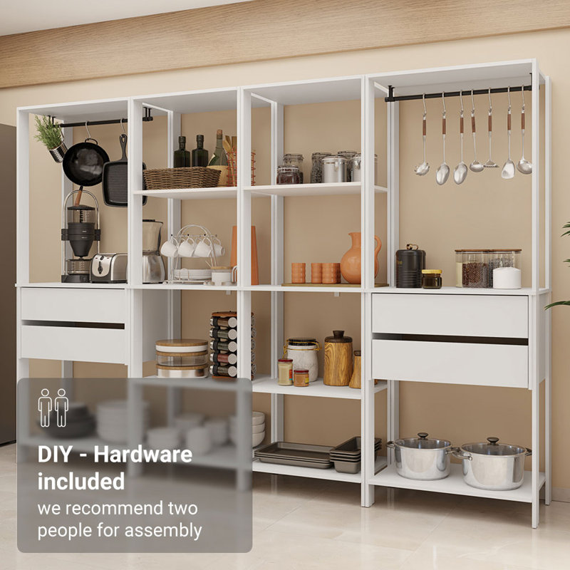  Étagère de rangement pour garde-manger avec 4 tiroirs, tablettes ouvertes et espaces suspendus, Blanc