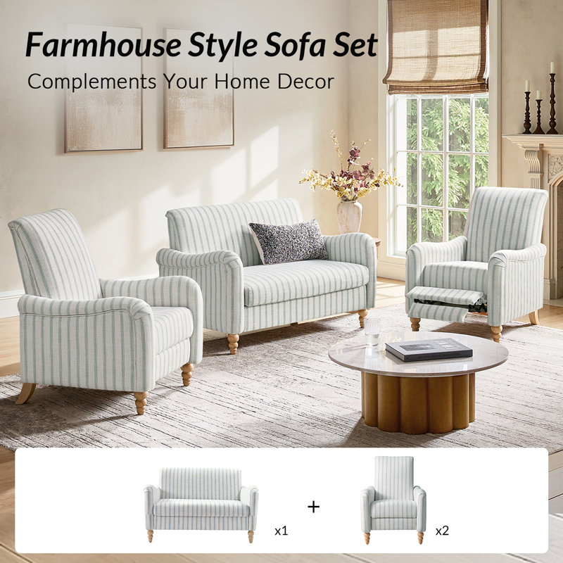 Ensemble de salon 3 pièces de style ferme Dignazio avec pattes en fuseau en bois massif, Bleu