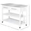 Îlot de cuisine avec plateau en acier inoxydable, tablettes ouvertes, tiroirs, gris