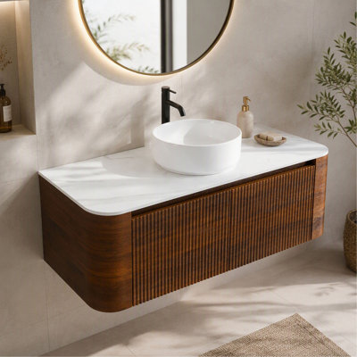 Bathroom Vanity, Erba 48", with Sink, Walnut Wall Cabinet with Free Towel Rack, Single White Ceramic Basin (no drain/faucet), Pre-assembled